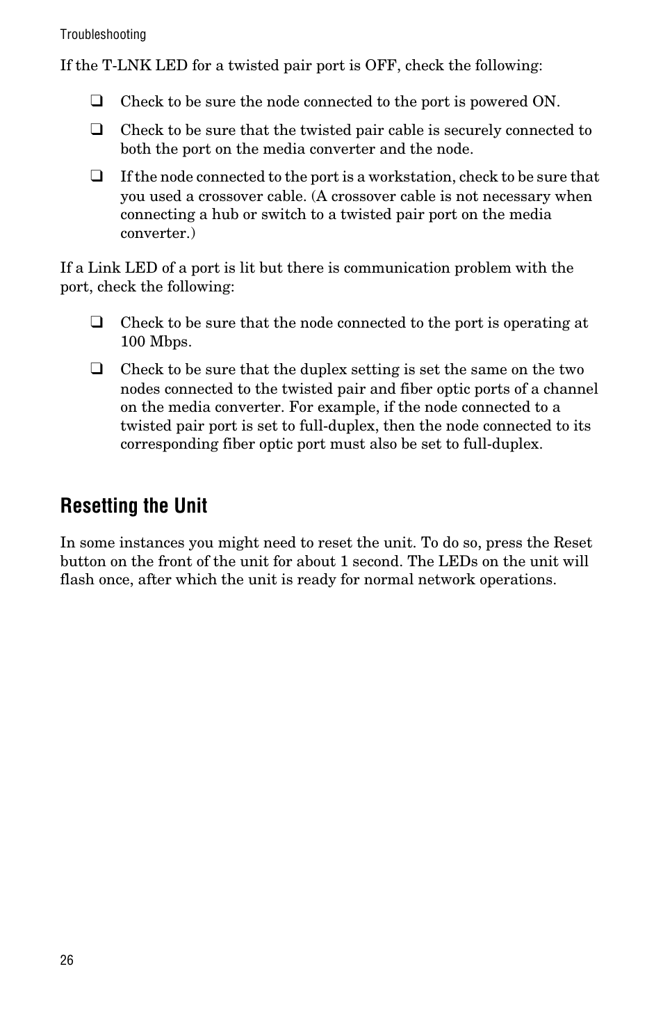 Resetting the unit | Allied Telesis AT-MCF112VF, SM, LH User Manual | Page 34 / 50
