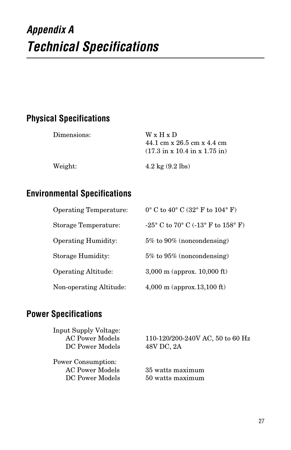 Appendix a, Technical specifications, Physical specifications | Environmental specifications, Power specifications | Allied Telesis AT-MCF112VF, SM, LH User Manual | Page 35 / 50