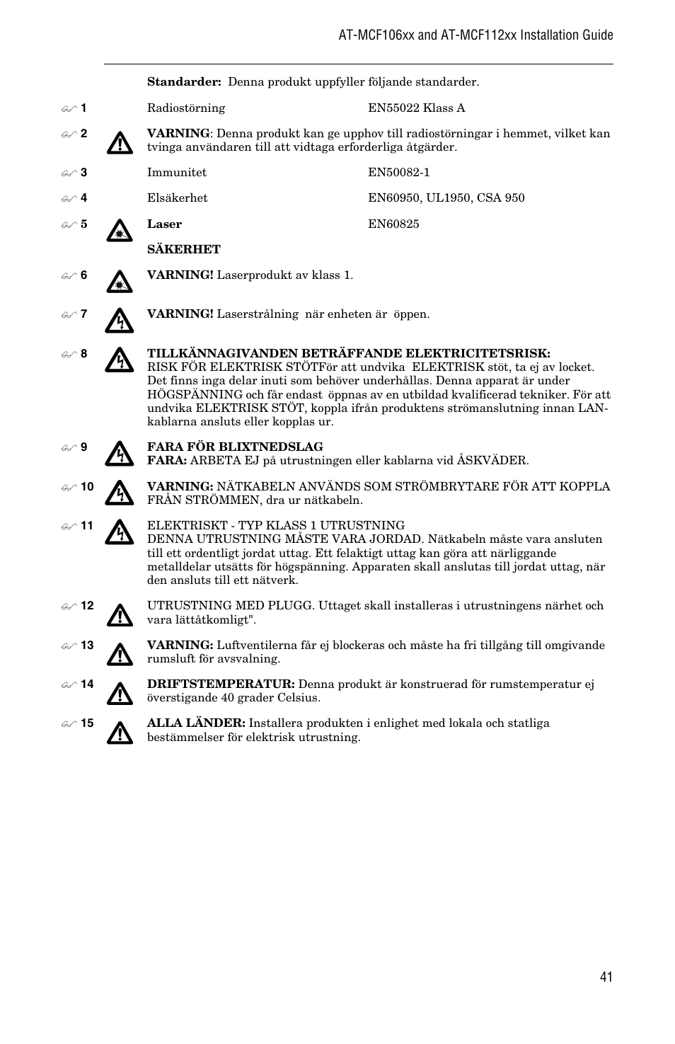 Allied Telesis AT-MCF112VF, SM, LH User Manual | Page 49 / 50