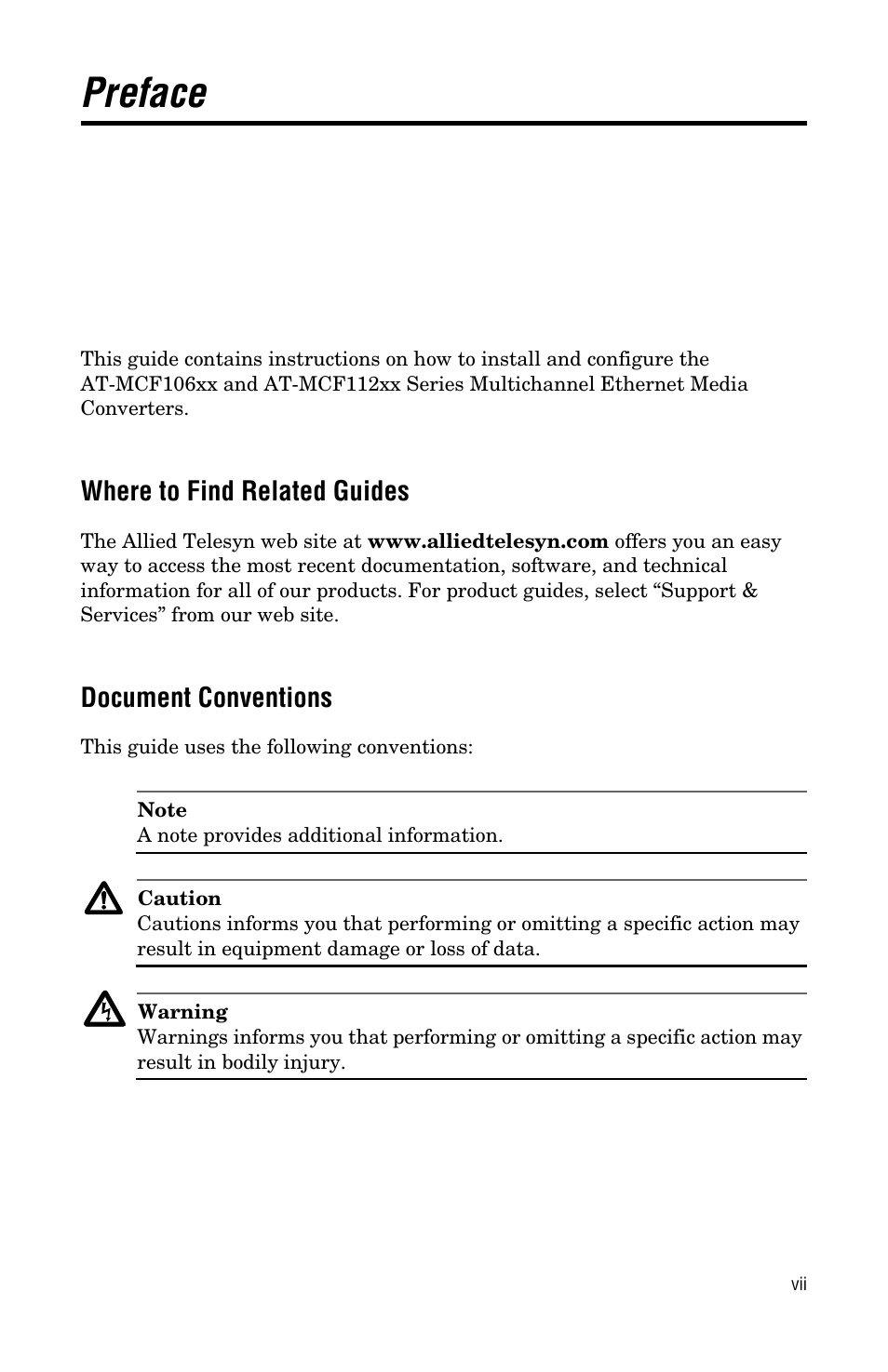 Preface, Where to find related guides, Document conventions | Allied Telesis AT-MCF112VF, SM, LH User Manual | Page 7 / 50