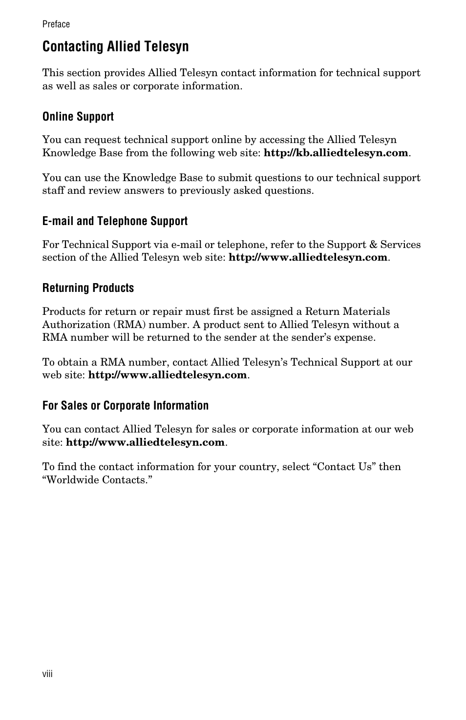 Contacting allied telesyn, Online support, E-mail and telephone support | Returning products, For sales or corporate information | Allied Telesis AT-MCF112VF, SM, LH User Manual | Page 8 / 50