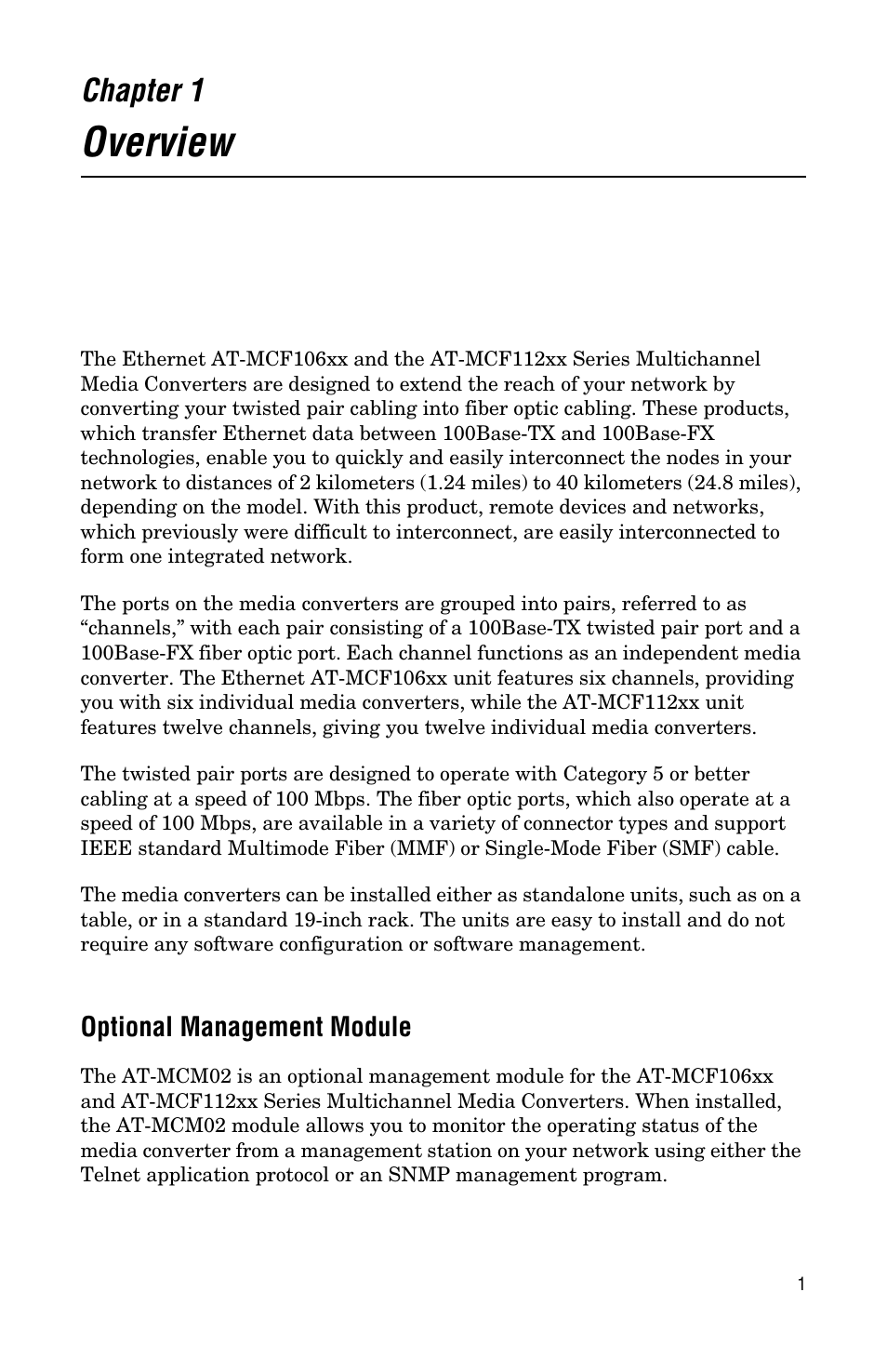 Chapter 1, Overview, Optional management module | Allied Telesis AT-MCF112VF, SM, LH User Manual | Page 9 / 50