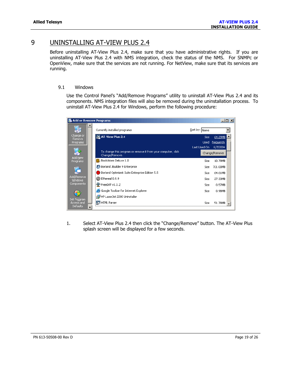 Uninstalling at-view plus 2.4, Indows, 9uninstalling at-view plus 2.4 | Allied Telesis AT-VIEW PLUS 2.4 INSTALLATION User Manual | Page 19 / 26