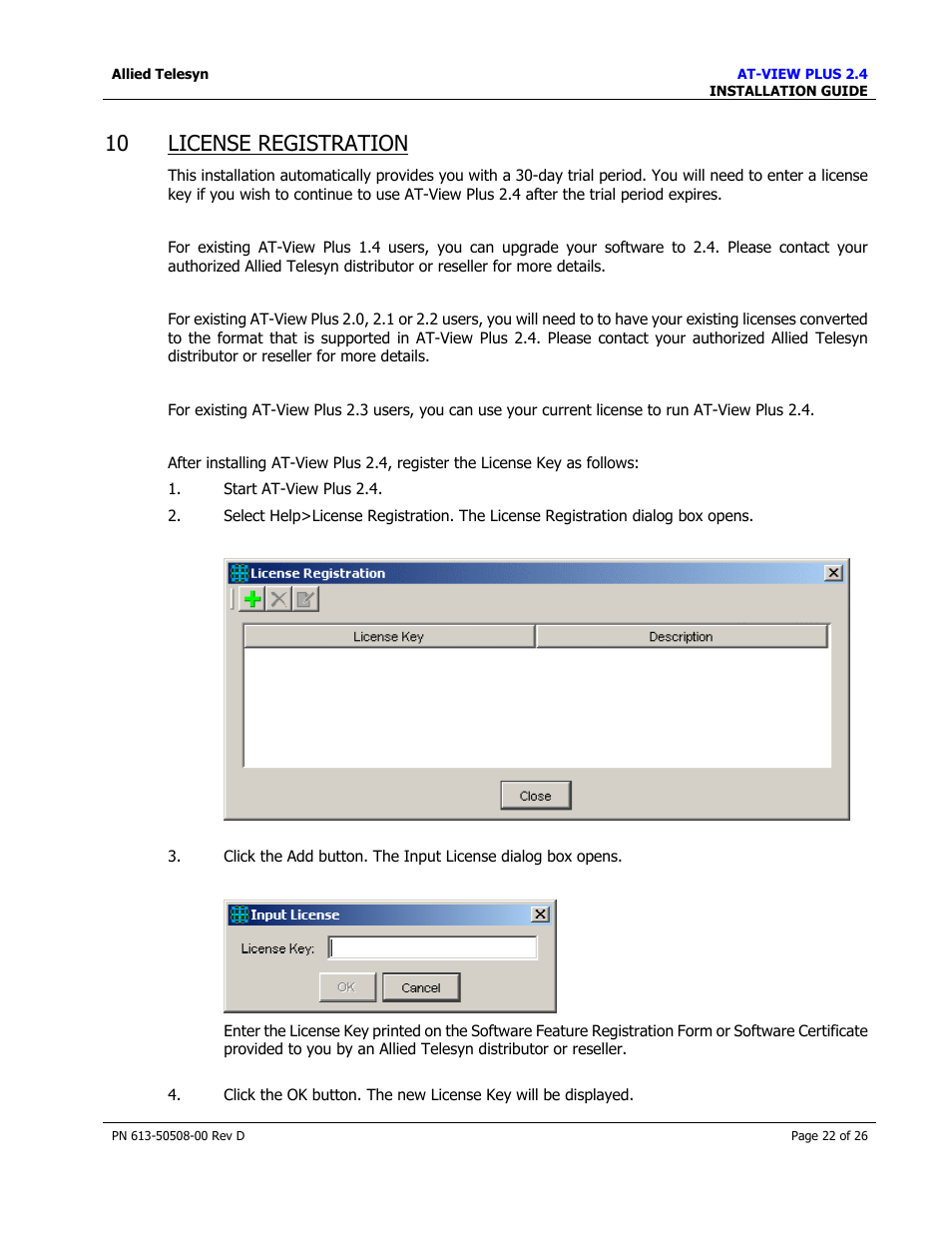 License registration, 10 license registration | Allied Telesis AT-VIEW PLUS 2.4 INSTALLATION User Manual | Page 22 / 26