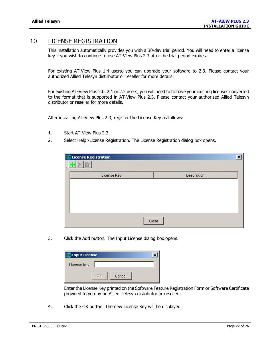 License registration, 10 license registration | Allied Telesis AT-VIEW PLUS 2.3 INSTALLATION User Manual | Page 22 / 26