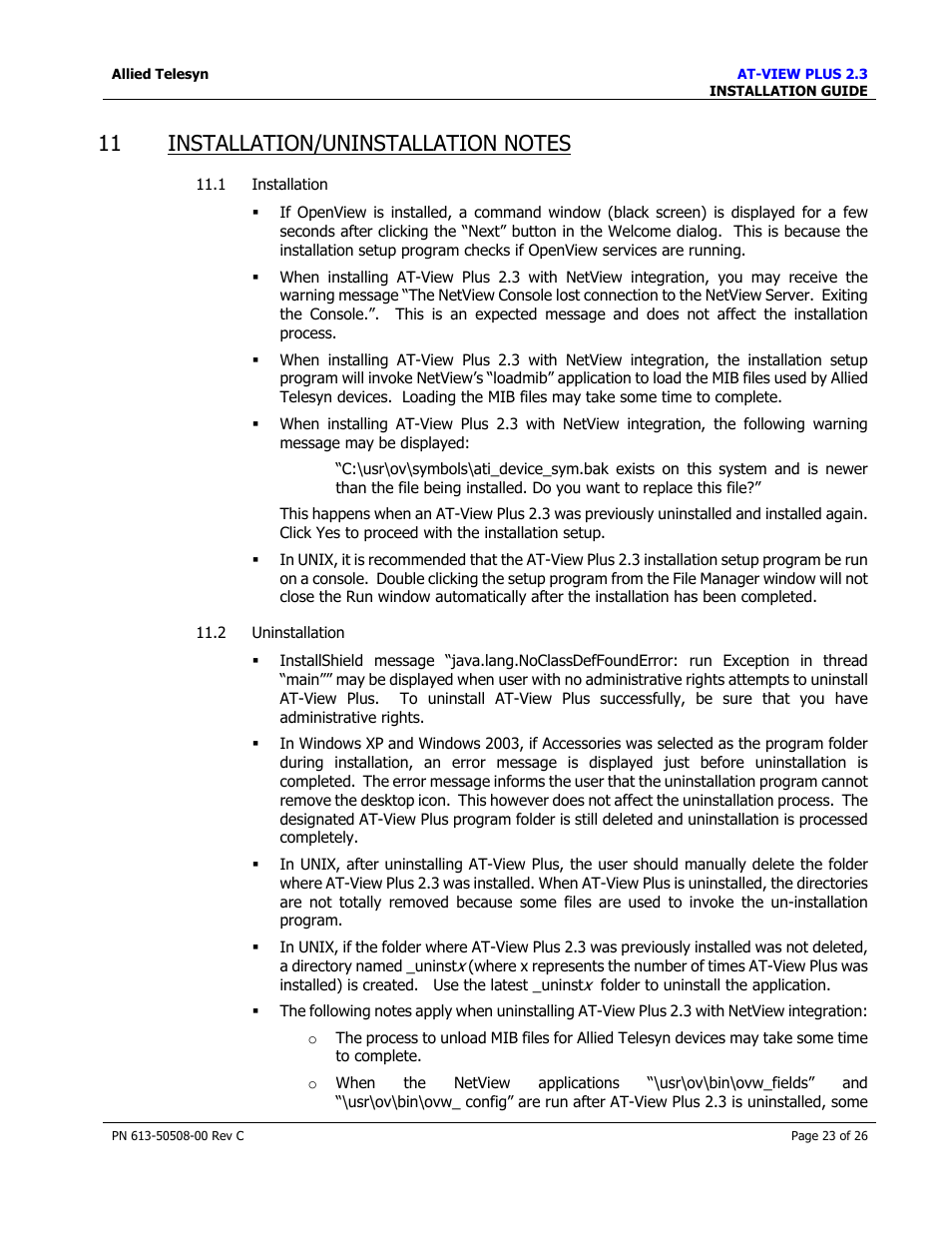Installation/uninstallation notes, Nstallation, Ninstallation | Allied Telesis AT-VIEW PLUS 2.3 INSTALLATION User Manual | Page 23 / 26