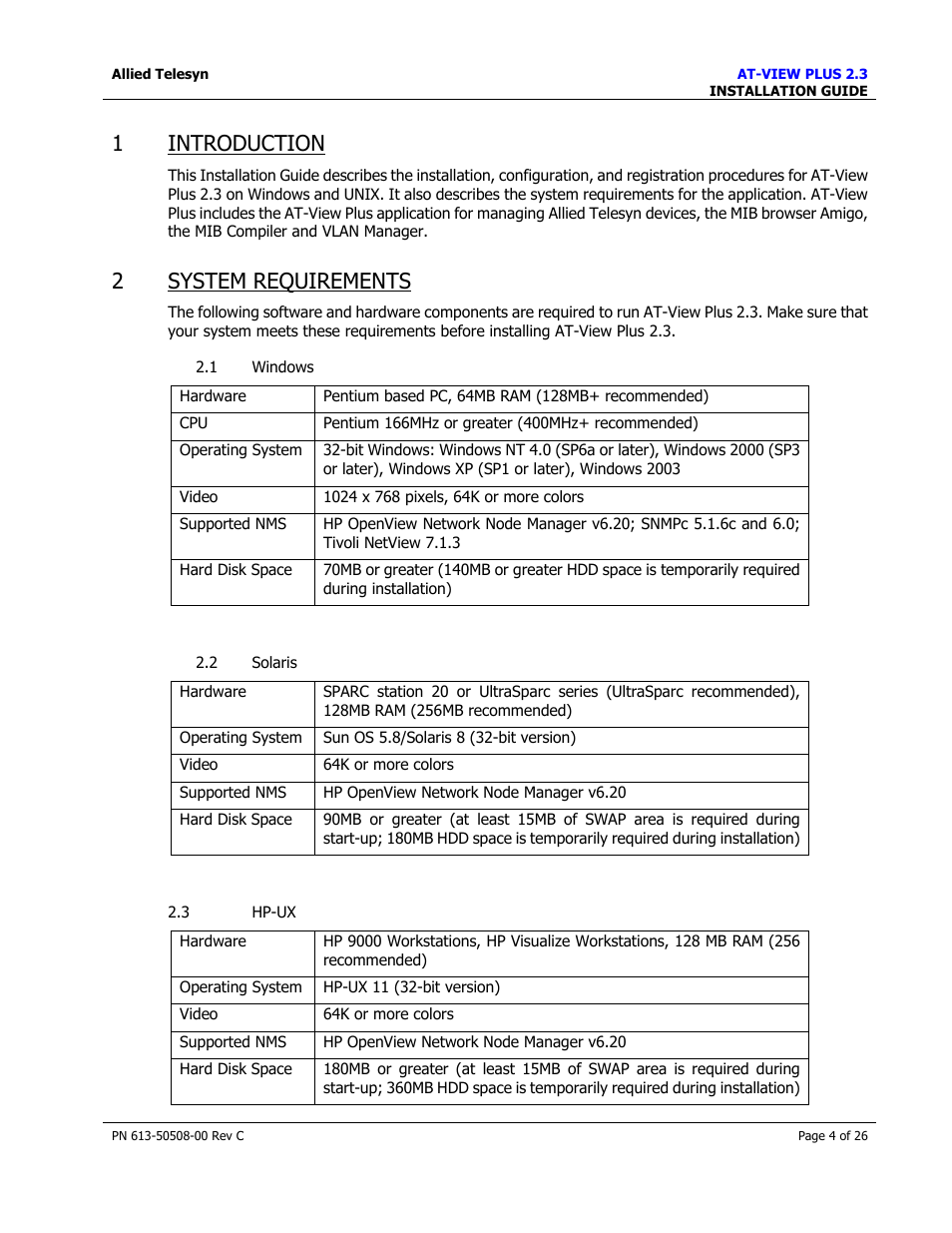Introduction, System requirements, Indows | Olaris, Hp-ux, 1 introduction, 2 system requirements | Allied Telesis AT-VIEW PLUS 2.3 INSTALLATION User Manual | Page 4 / 26