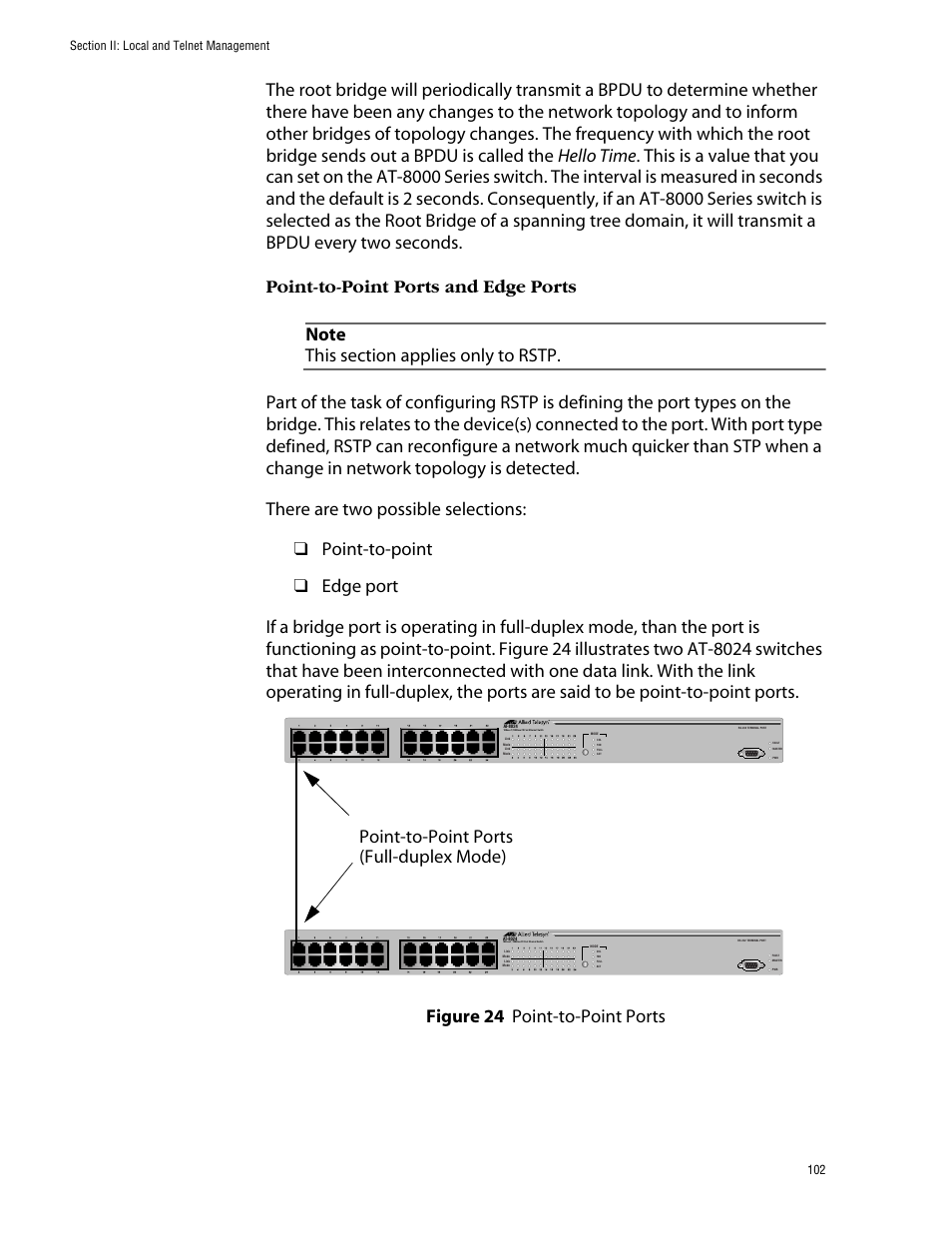 Figure 24: point-to-point ports, Point-to-point ports (full-duplex mode) | Allied Telesis AT-S39 User Manual | Page 102 / 343