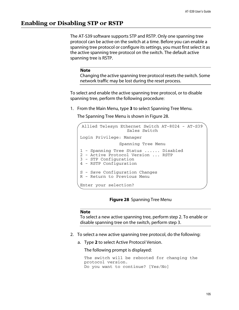 Enabling or disabling stp or rstp, Figure 28: spanning tree menu | Allied Telesis AT-S39 User Manual | Page 105 / 343