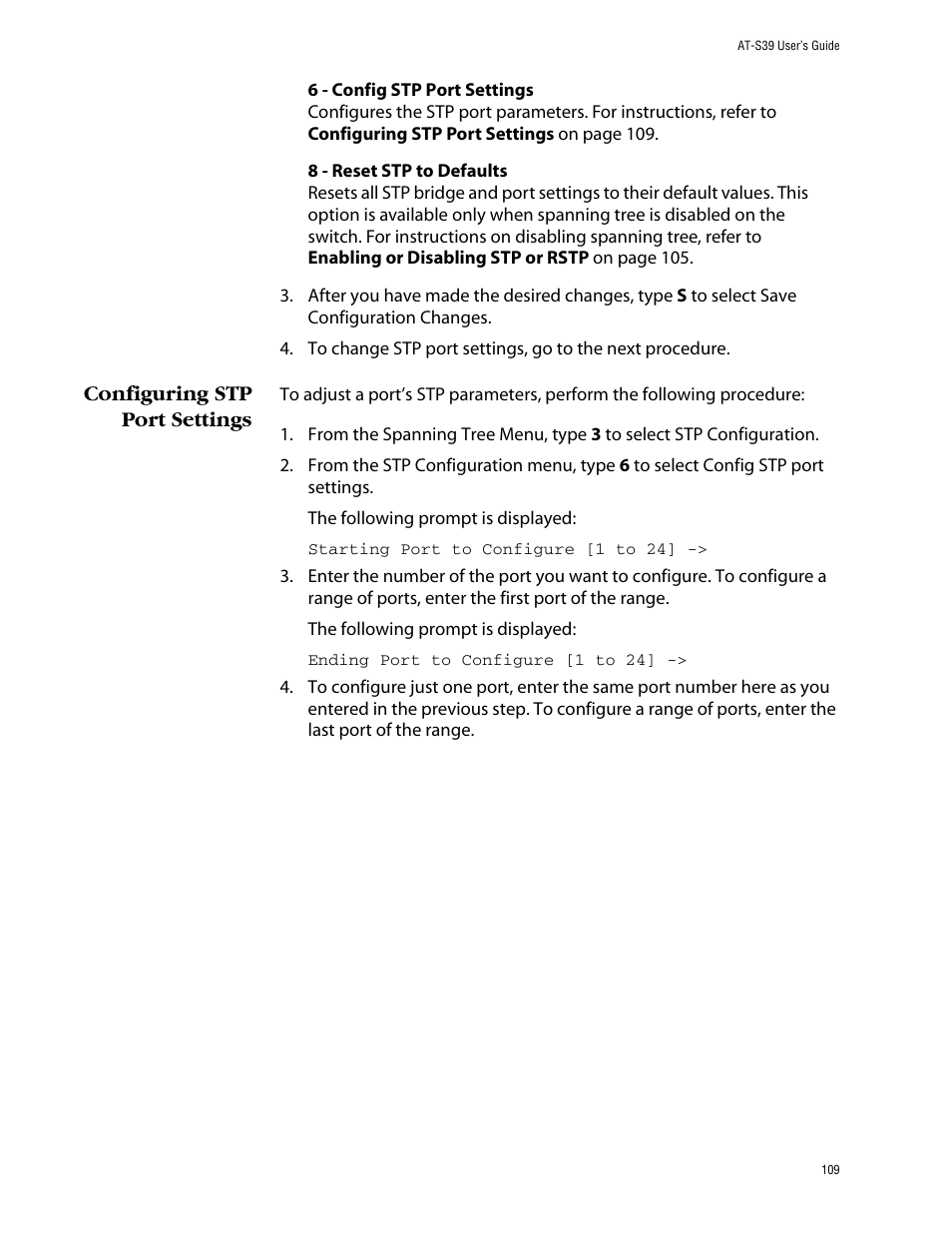 Configuring stp port settings | Allied Telesis AT-S39 User Manual | Page 109 / 343