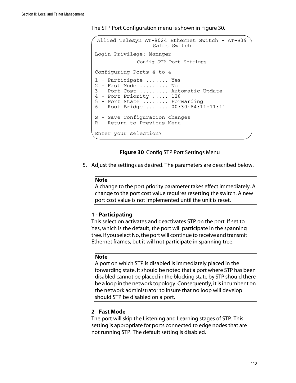 Figure 30: config stp port settings menu | Allied Telesis AT-S39 User Manual | Page 110 / 343