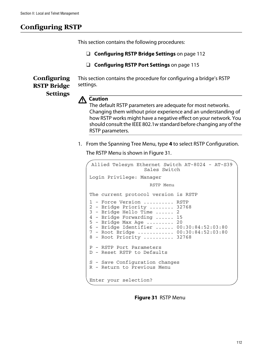 Configuring rstp, Configuring rstp bridge settings, Figure 31: rstp menu | Allied Telesis AT-S39 User Manual | Page 112 / 343