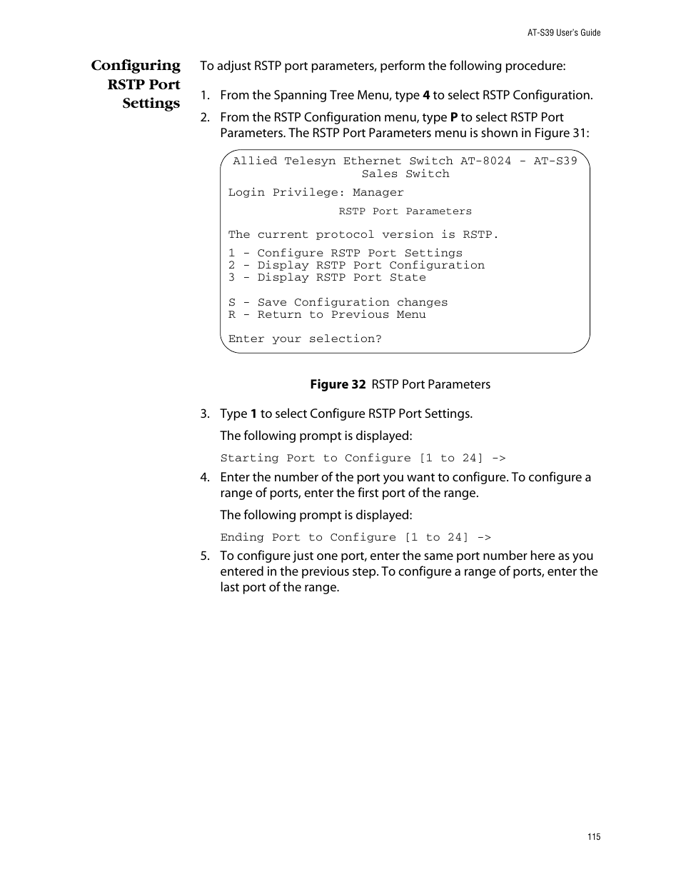 Configuring rstp port settings, Figure 32: rstp port parameters | Allied Telesis AT-S39 User Manual | Page 115 / 343