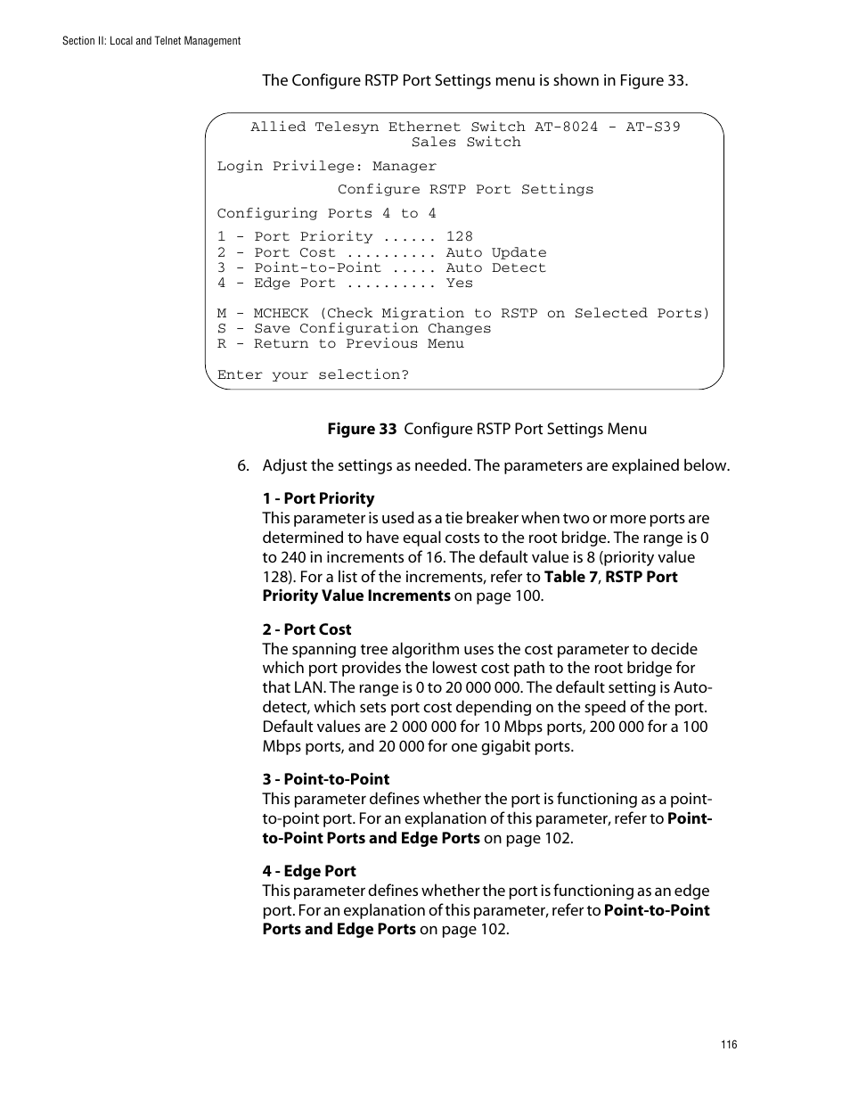 Figure 33: configure rstp port settings menu | Allied Telesis AT-S39 User Manual | Page 116 / 343