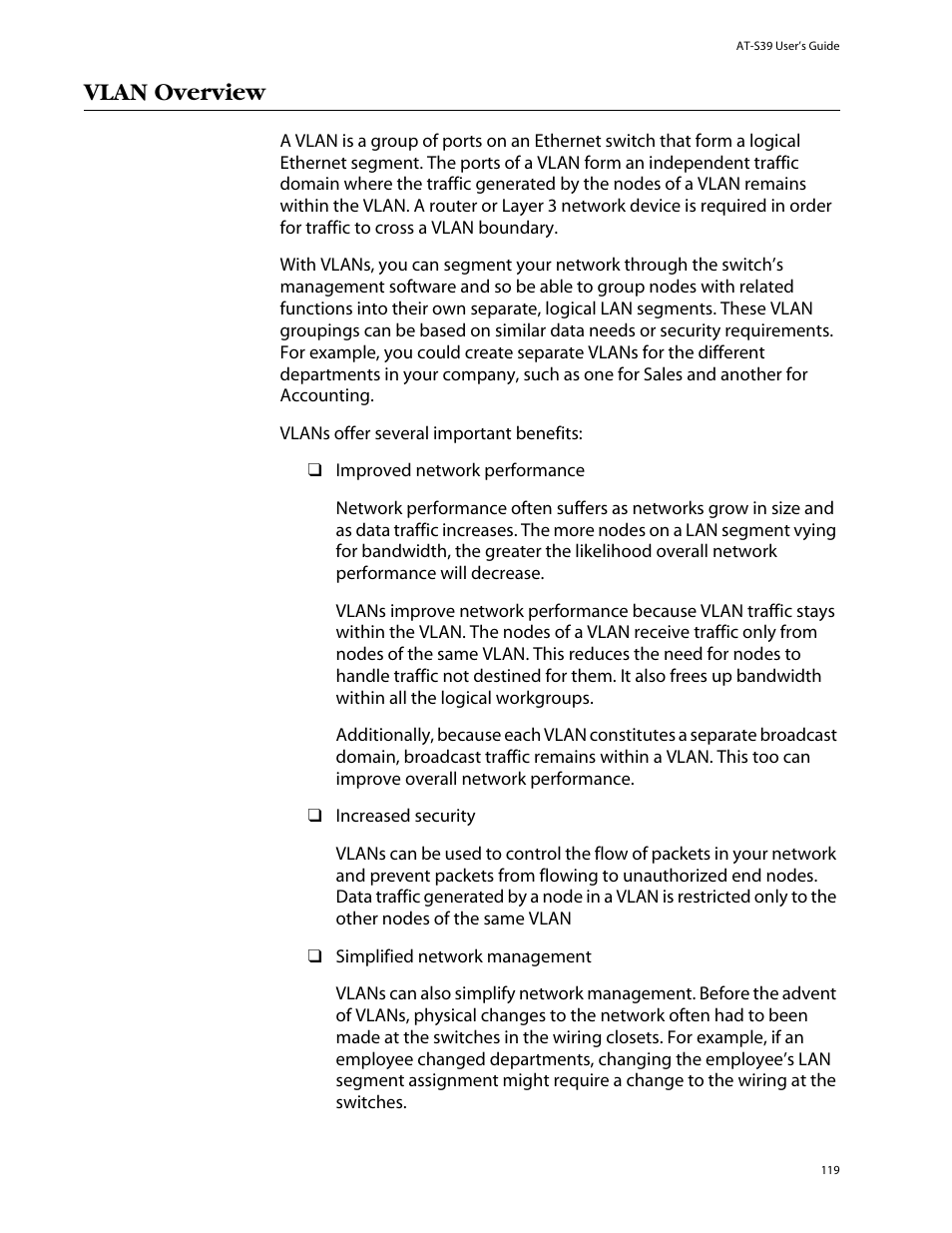 Vlan overview | Allied Telesis AT-S39 User Manual | Page 119 / 343