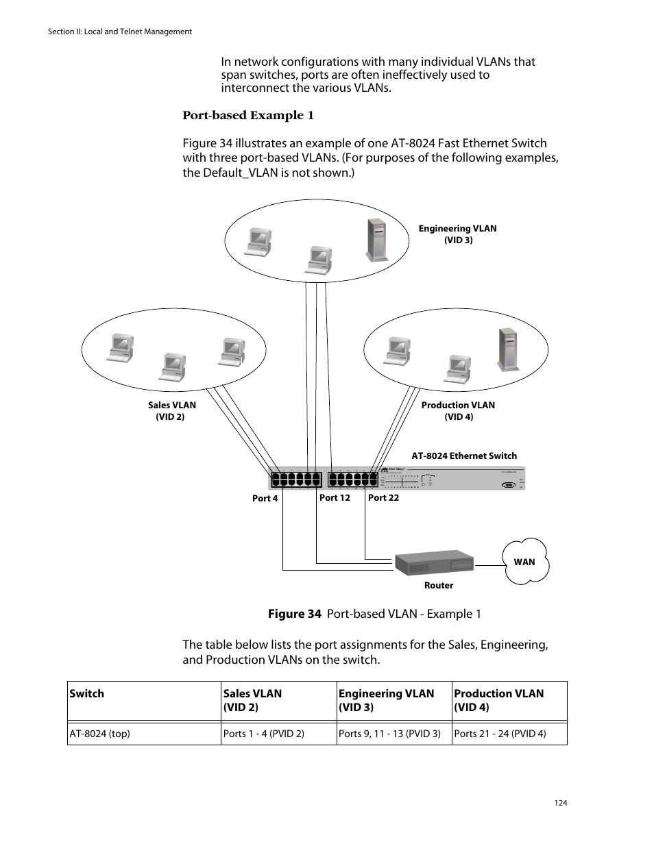 Figure 34: port-based vlan - example 1 | Allied Telesis AT-S39 User Manual | Page 124 / 343