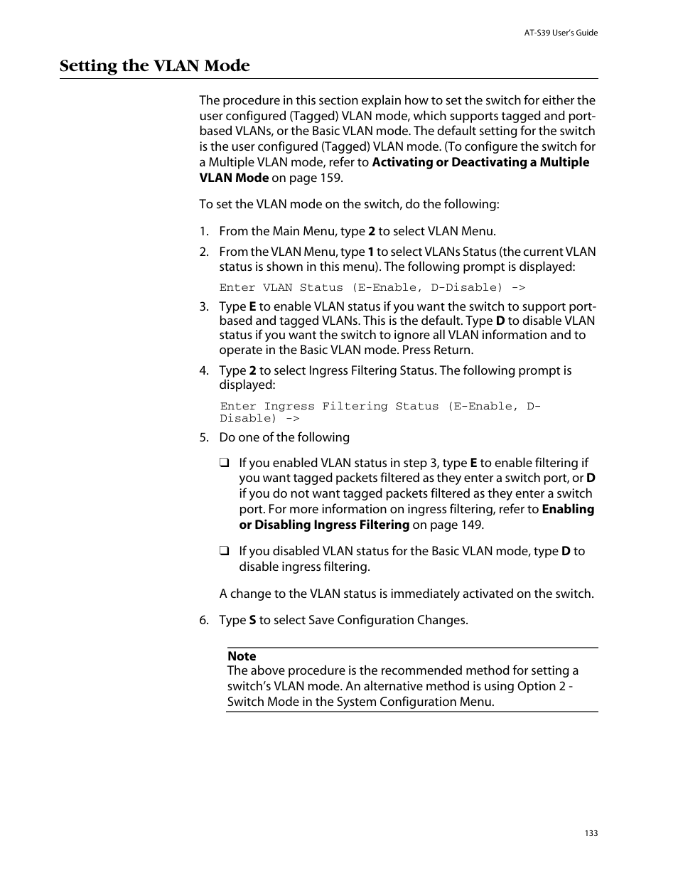 Setting the vlan mode | Allied Telesis AT-S39 User Manual | Page 133 / 343