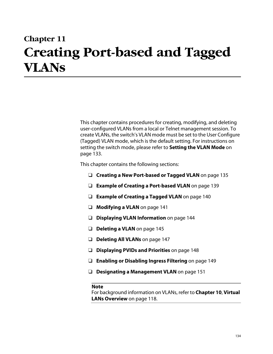 Chapter 11, Creating port-based and tagged vlans, Chapter 11 creating port-based and tagged vlans | Allied Telesis AT-S39 User Manual | Page 134 / 343