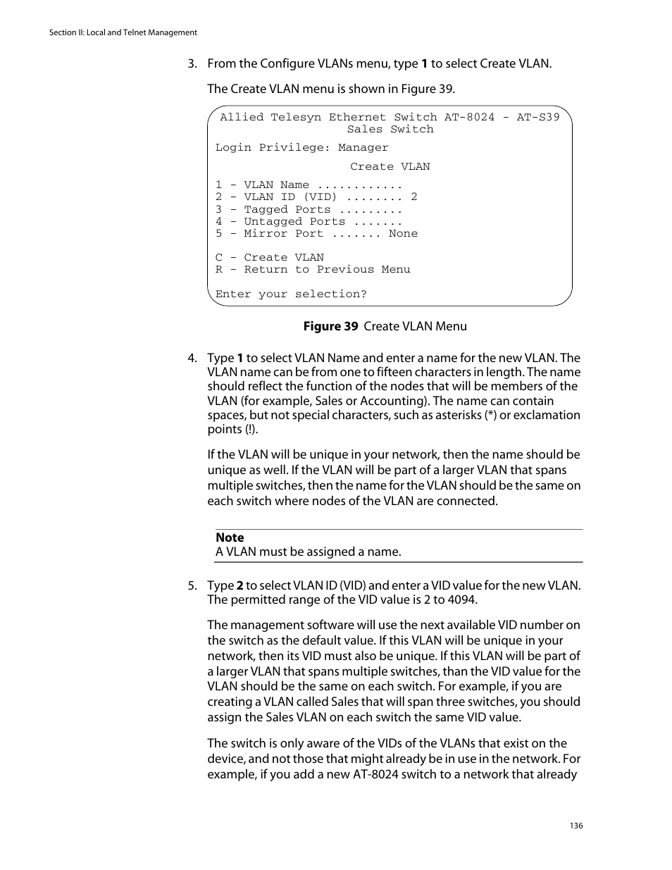 Figure 39: create vlan menu | Allied Telesis AT-S39 User Manual | Page 136 / 343