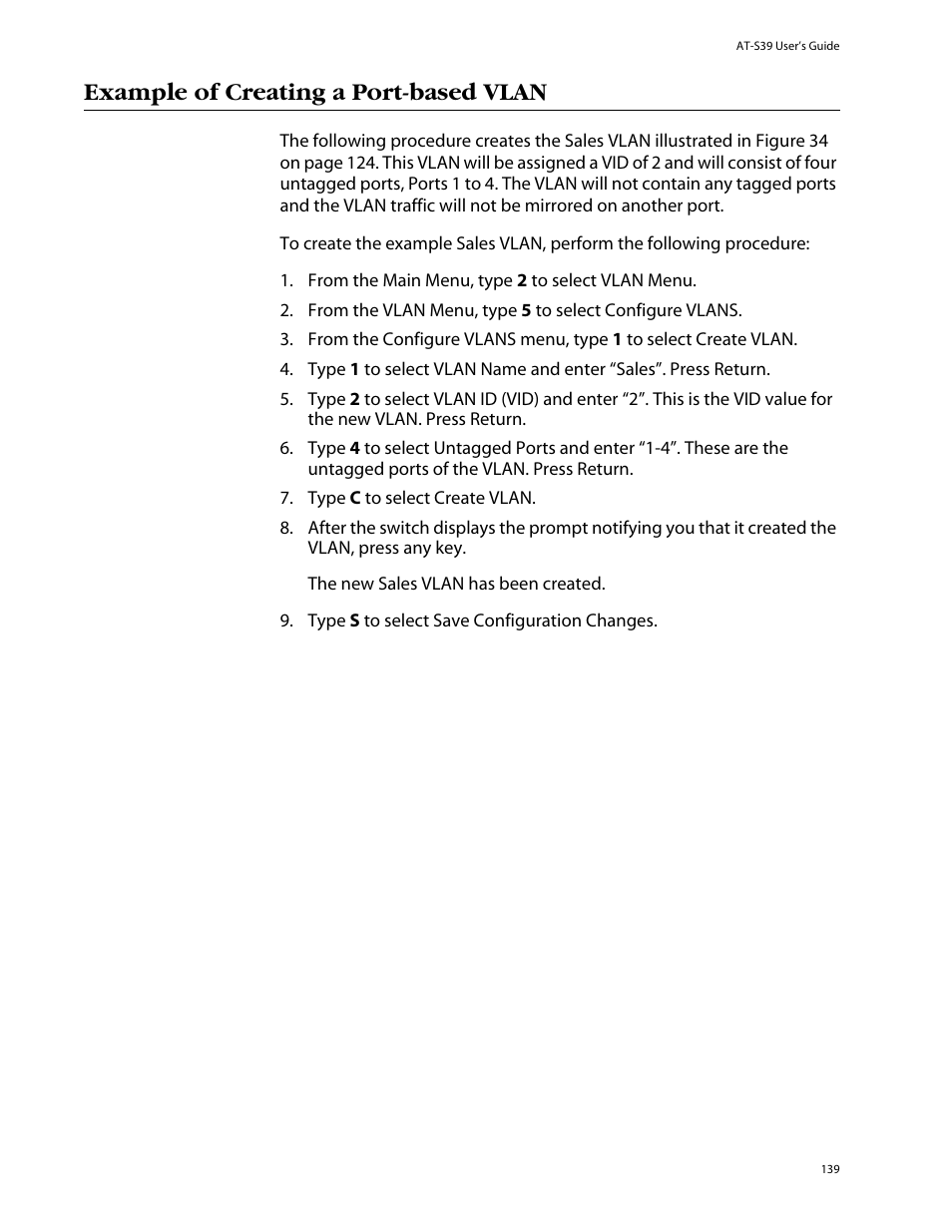 Example of creating a port-based vlan | Allied Telesis AT-S39 User Manual | Page 139 / 343