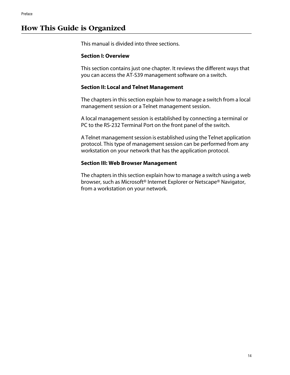 How this guide is organized | Allied Telesis AT-S39 User Manual | Page 14 / 343