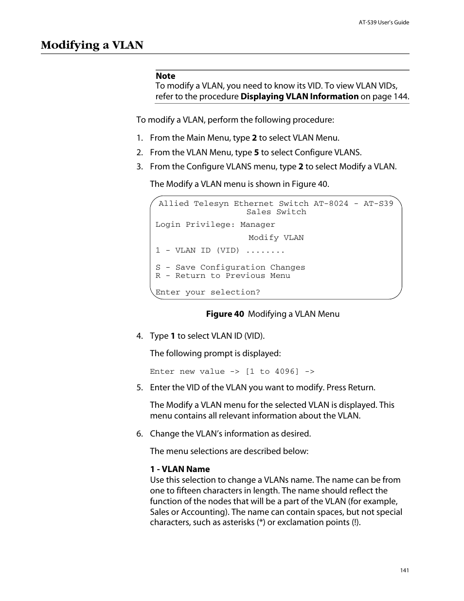 Modifying a vlan, Figure 40: modifying a vlan menu | Allied Telesis AT-S39 User Manual | Page 141 / 343
