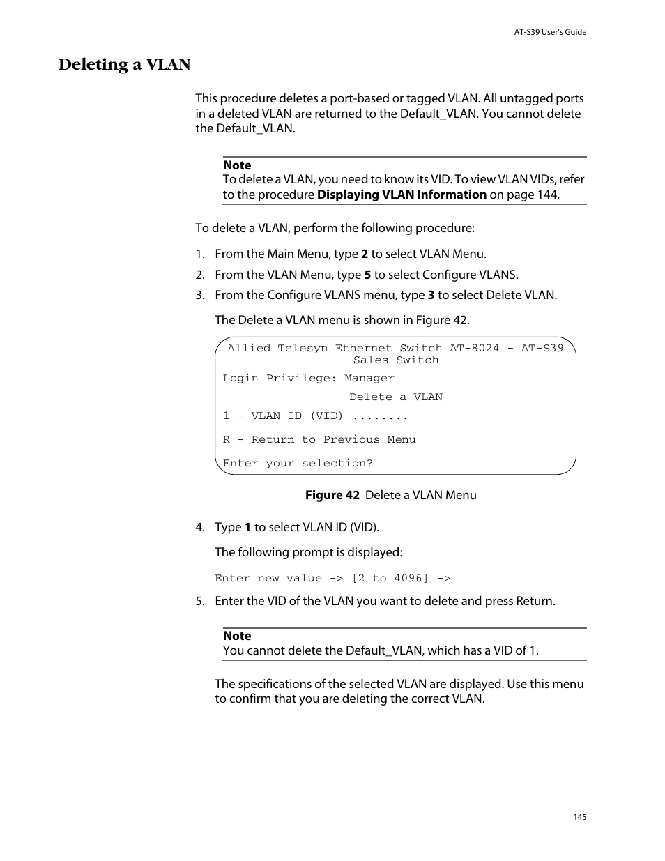 Deleting a vlan, Figure 42: delete a vlan menu | Allied Telesis AT-S39 User Manual | Page 145 / 343