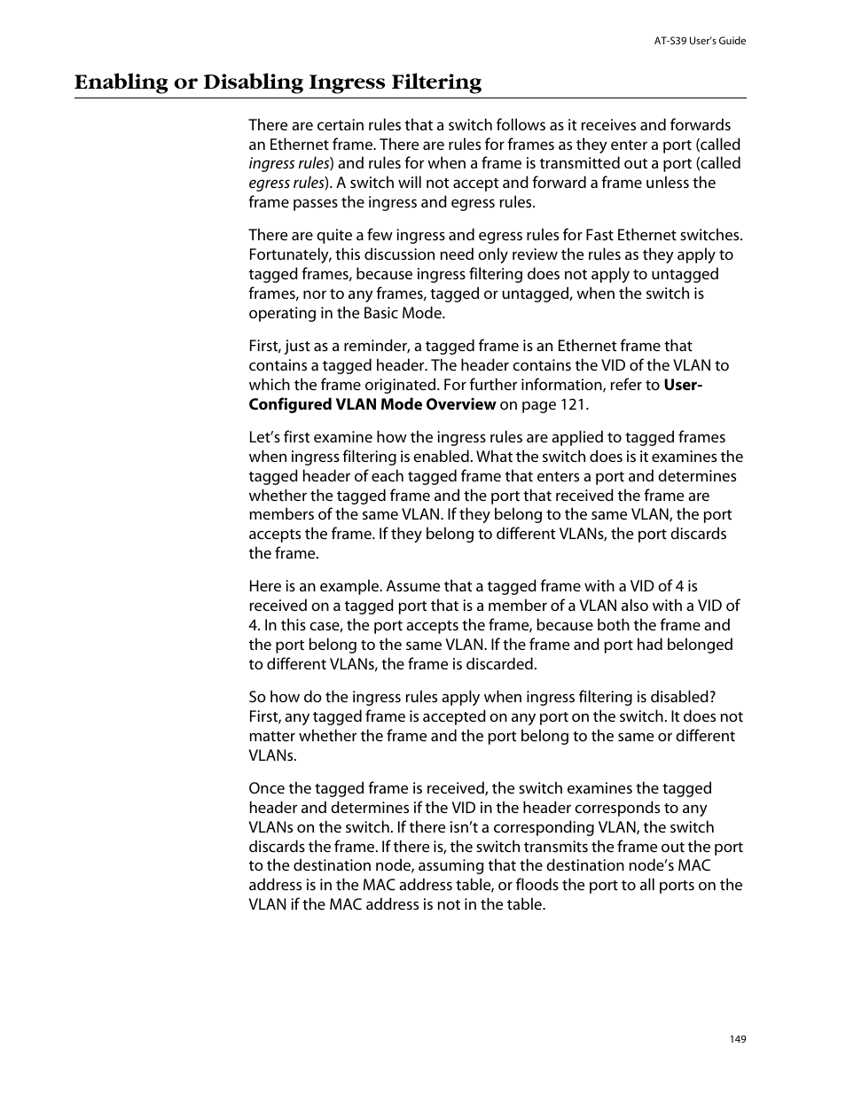 Enabling or disabling ingress filtering | Allied Telesis AT-S39 User Manual | Page 149 / 343