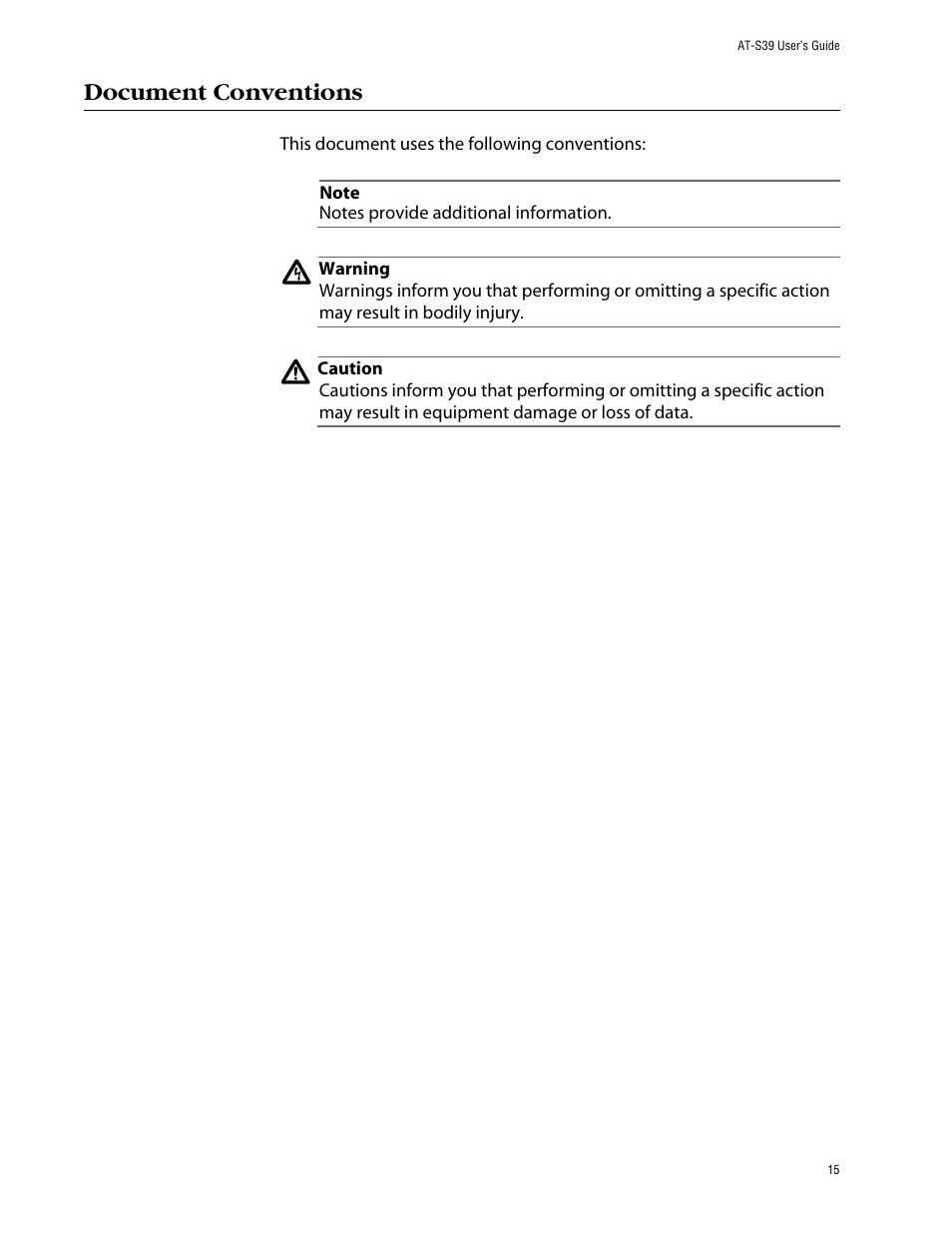 Document conventions | Allied Telesis AT-S39 User Manual | Page 15 / 343