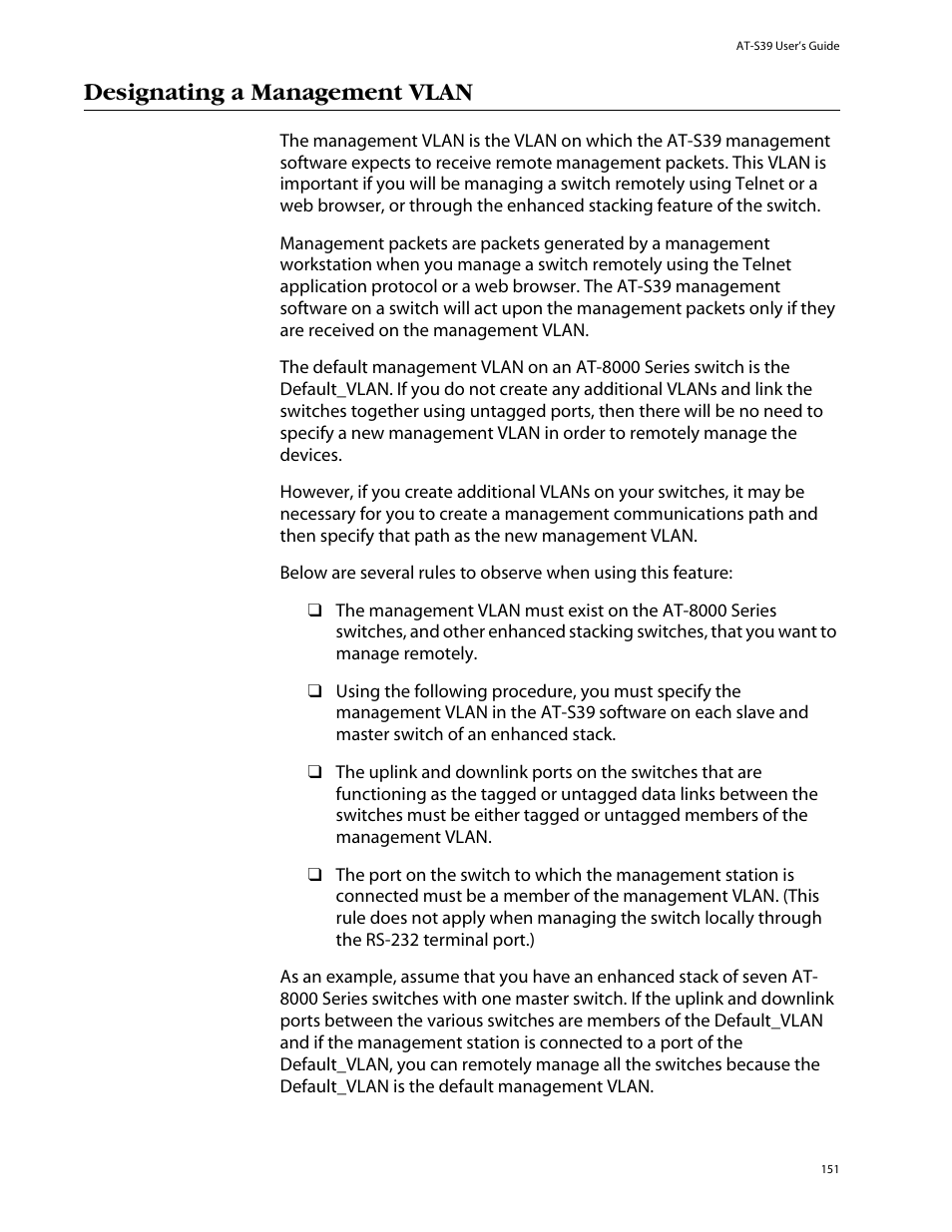 Designating a management vlan | Allied Telesis AT-S39 User Manual | Page 151 / 343