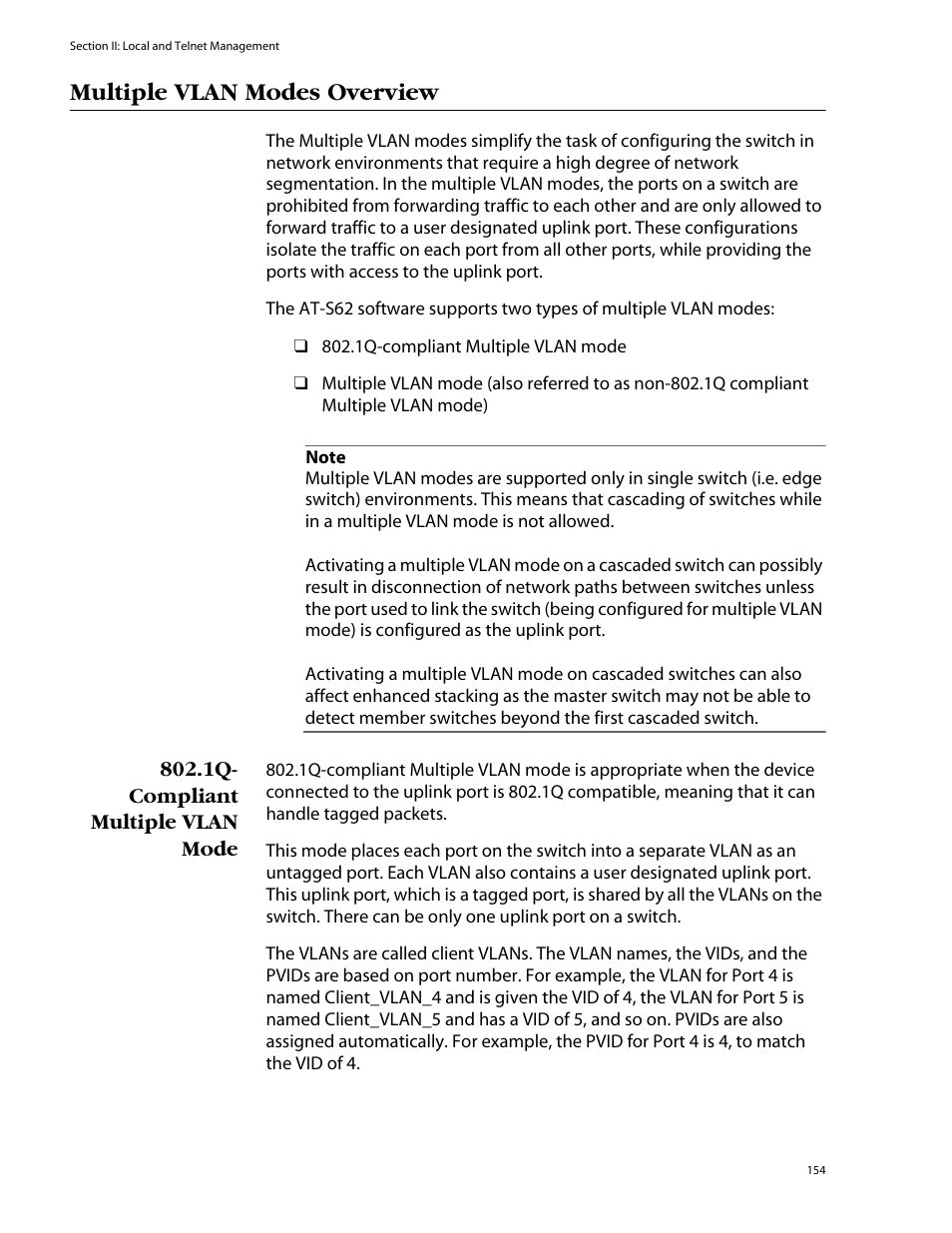 Multiple vlan modes overview, 1q- compliant multiple vlan mode | Allied Telesis AT-S39 User Manual | Page 154 / 343