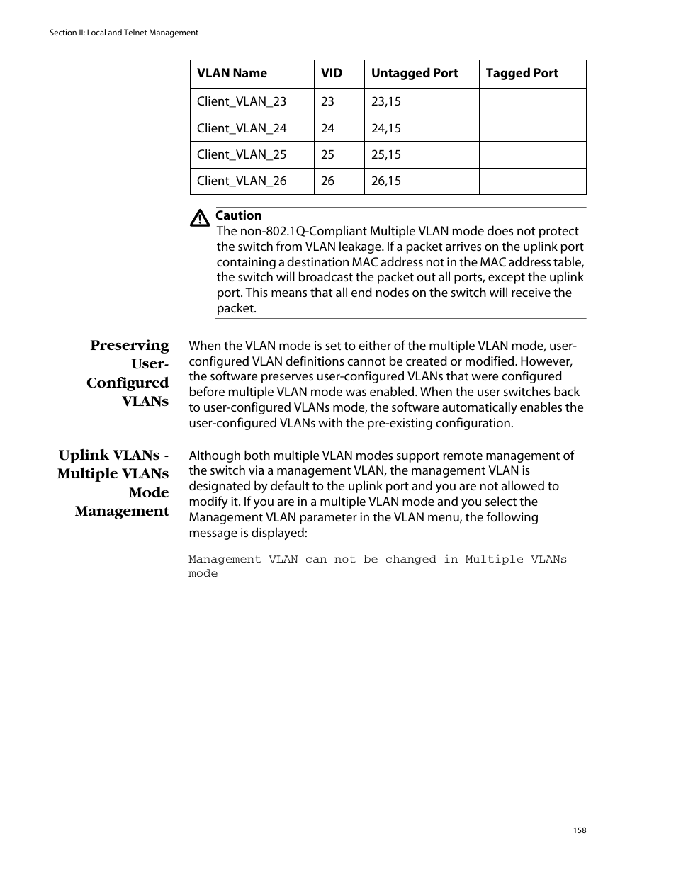 Preserving user- configured vlans, Uplink vlans - multiple vlans mode management | Allied Telesis AT-S39 User Manual | Page 158 / 343