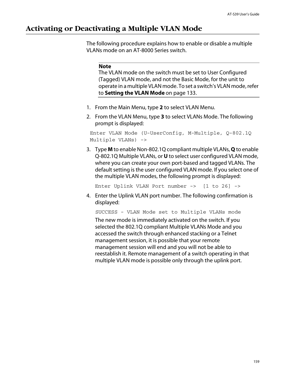 Activating or deactivating a multiple vlan mode | Allied Telesis AT-S39 User Manual | Page 159 / 343