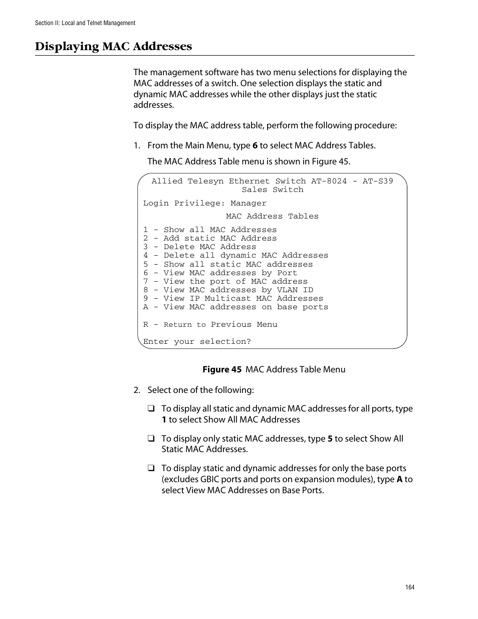 Displaying mac addresses, Figure 45: mac address table menu | Allied Telesis AT-S39 User Manual | Page 164 / 343