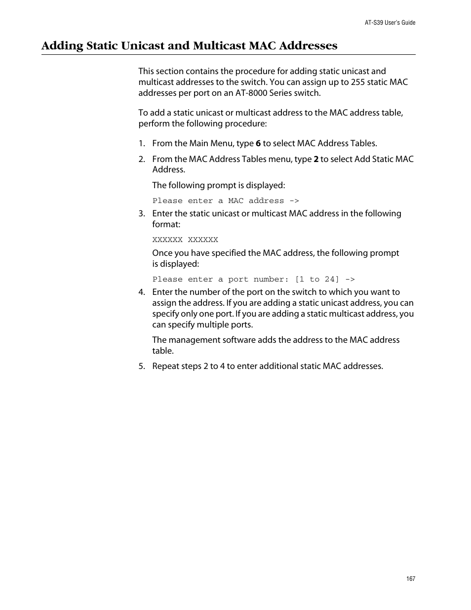 Adding static unicast and multicast mac addresses | Allied Telesis AT-S39 User Manual | Page 167 / 343