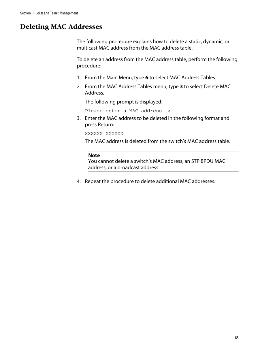 Deleting mac addresses | Allied Telesis AT-S39 User Manual | Page 168 / 343