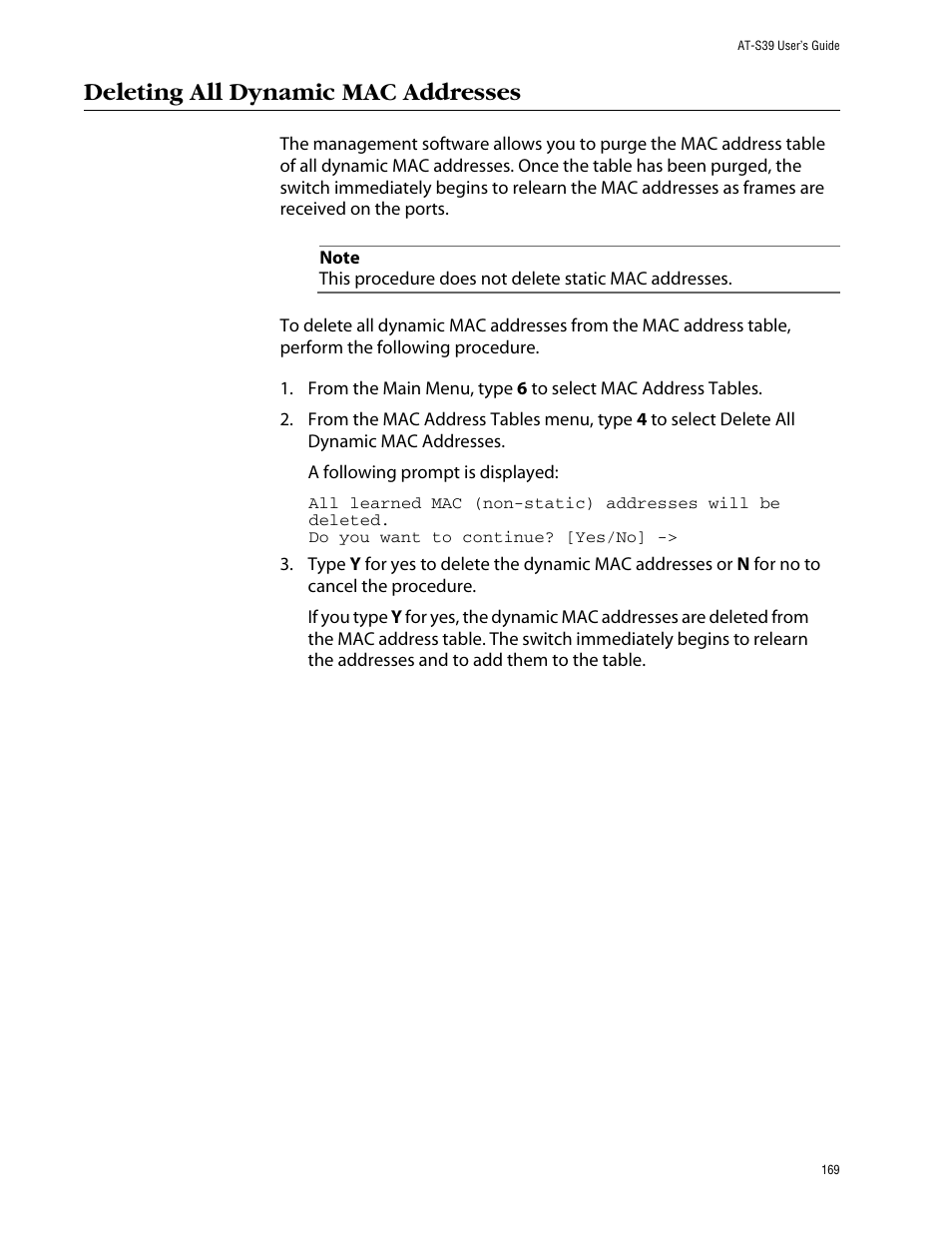 Deleting all dynamic mac addresses | Allied Telesis AT-S39 User Manual | Page 169 / 343