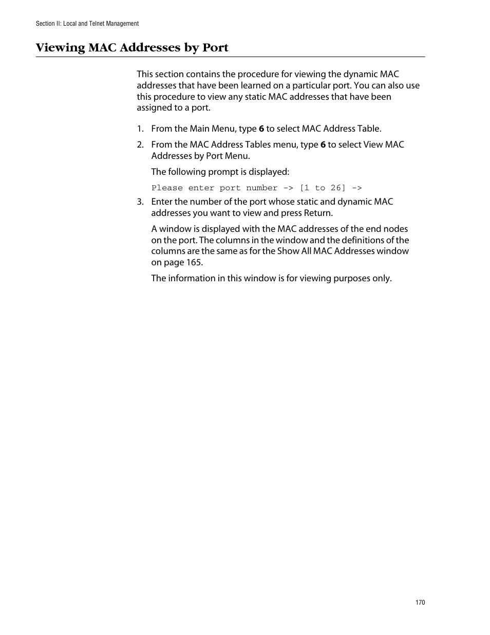 Viewing mac addresses by port | Allied Telesis AT-S39 User Manual | Page 170 / 343