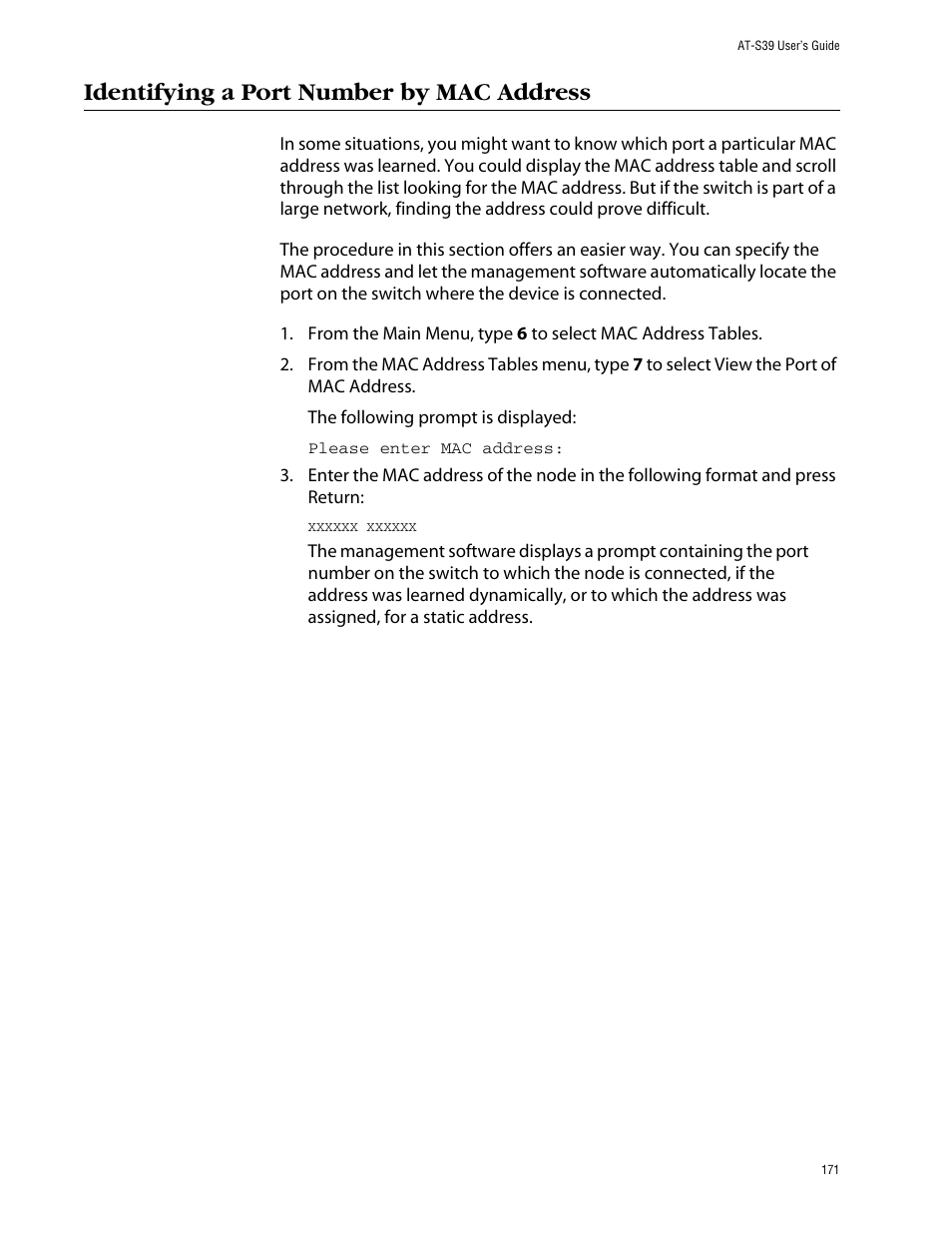 Identifying a port number by mac address | Allied Telesis AT-S39 User Manual | Page 171 / 343