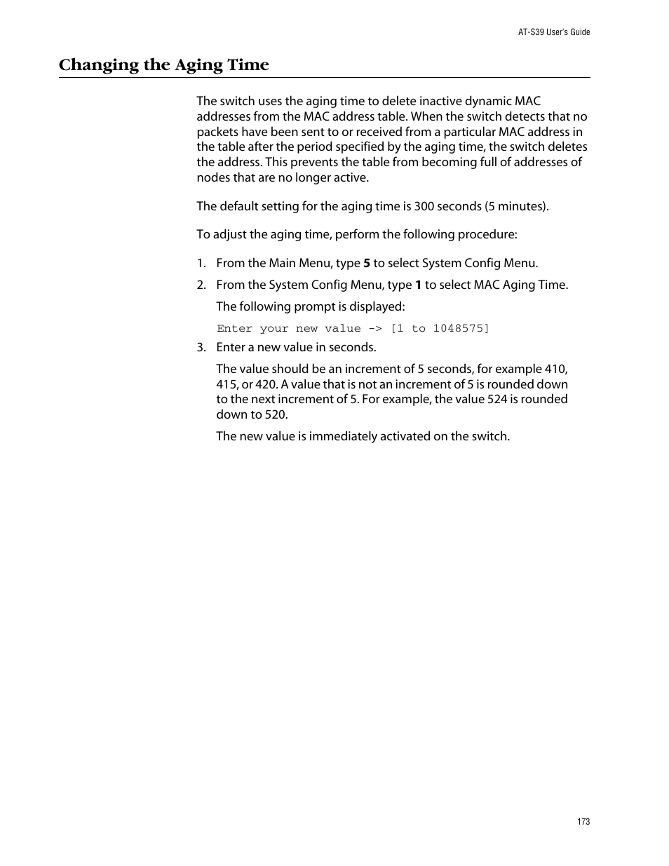 Changing the aging time | Allied Telesis AT-S39 User Manual | Page 173 / 343