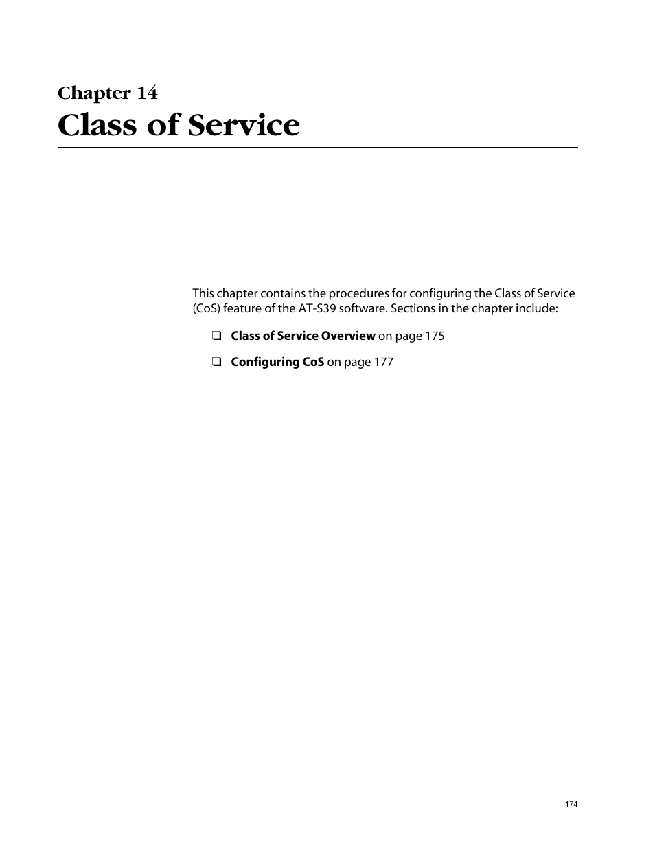 Chapter 14, Class of service, Chapter 14 class of service | Allied Telesis AT-S39 User Manual | Page 174 / 343