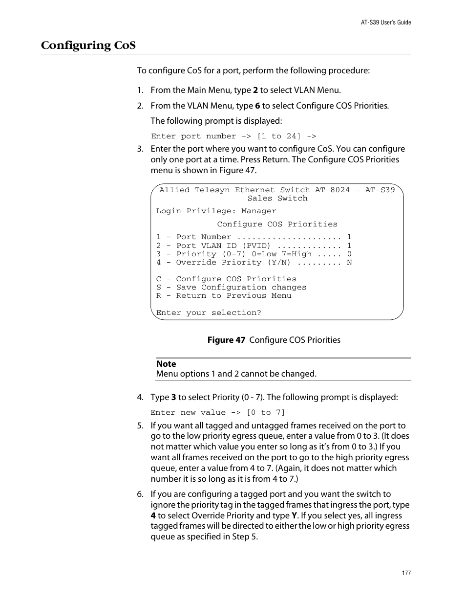 Configuring cos, Figure 47: configure cos priorities | Allied Telesis AT-S39 User Manual | Page 177 / 343