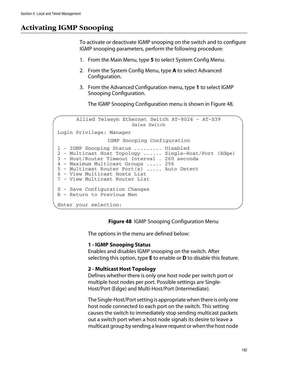 Activating igmp snooping, Figure 48: igmp snooping configuration menu | Allied Telesis AT-S39 User Manual | Page 182 / 343