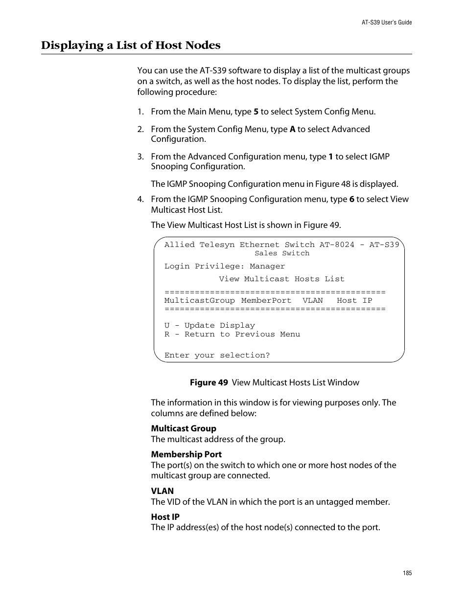 Displaying a list of host nodes, Figure 49: view multicast hosts list window | Allied Telesis AT-S39 User Manual | Page 185 / 343