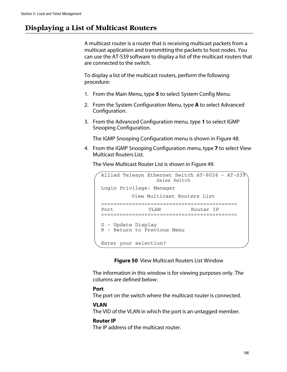 Displaying a list of multicast routers, View multicast routers list window | Allied Telesis AT-S39 User Manual | Page 186 / 343