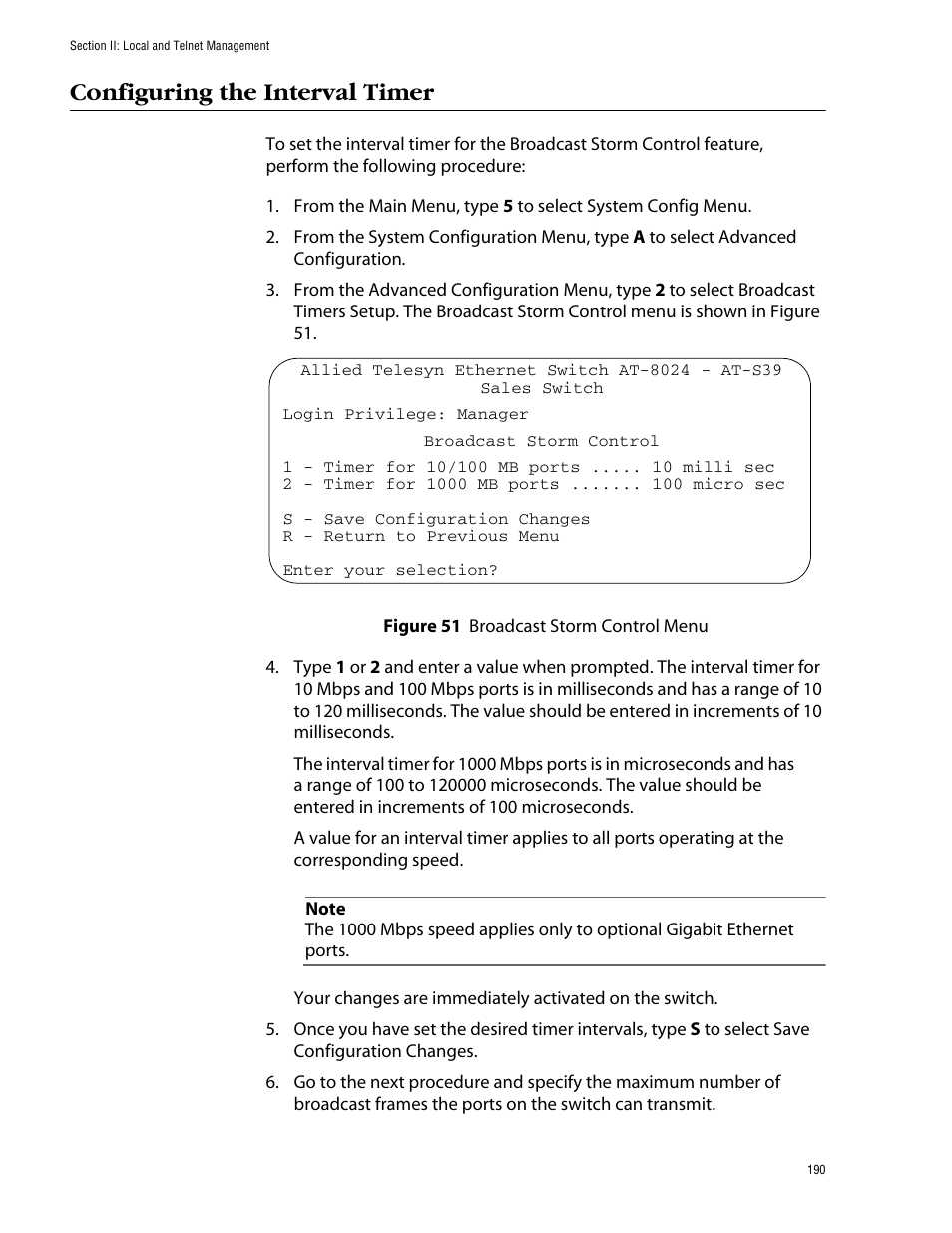 Configuring the interval timer, Broadcast storm control m | Allied Telesis AT-S39 User Manual | Page 190 / 343