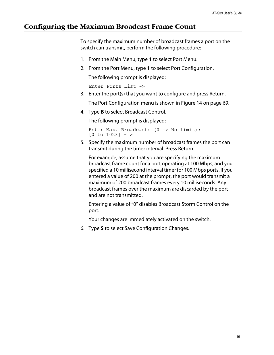 Configuring the maximum broadcast frame count | Allied Telesis AT-S39 User Manual | Page 191 / 343