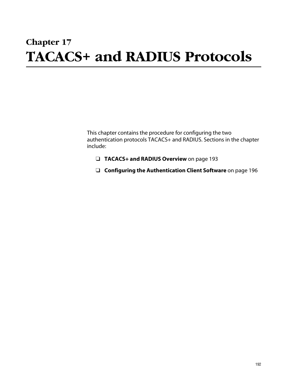 Chapter 17, Tacacs+ and radius protocols, Chapter 17 tacacs+ and radius protocols | Allied Telesis AT-S39 User Manual | Page 192 / 343