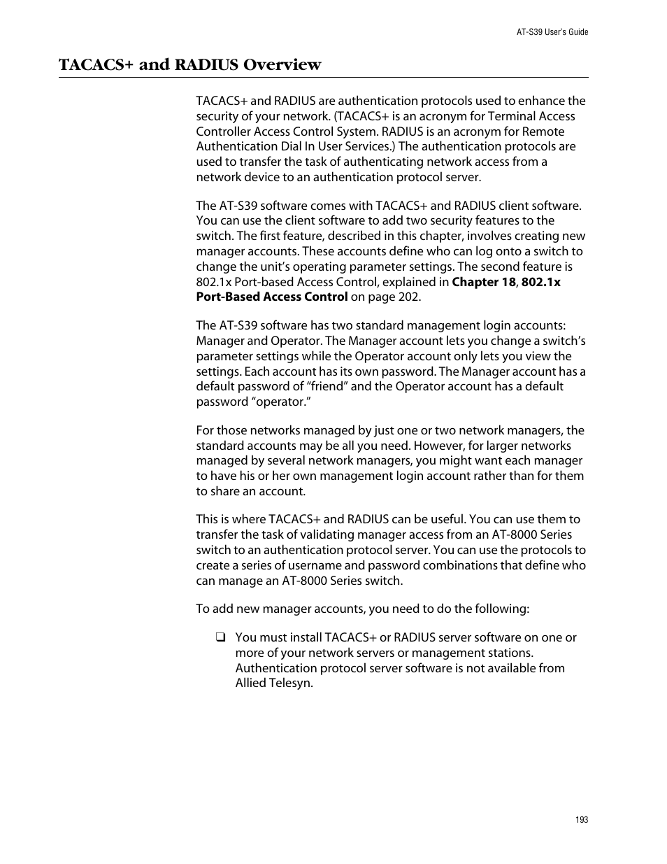 Tacacs+ and radius overview | Allied Telesis AT-S39 User Manual | Page 193 / 343