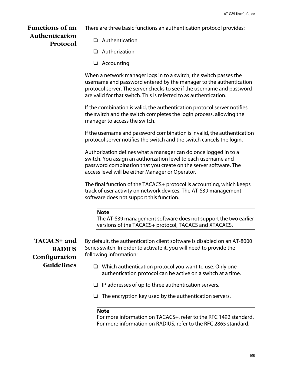 Functions of an authentication protocol, Tacacs+ and radius configuration guidelines | Allied Telesis AT-S39 User Manual | Page 195 / 343